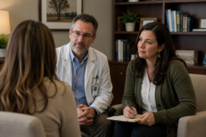 Counselor and health professional discussing integrated mental and physical health care